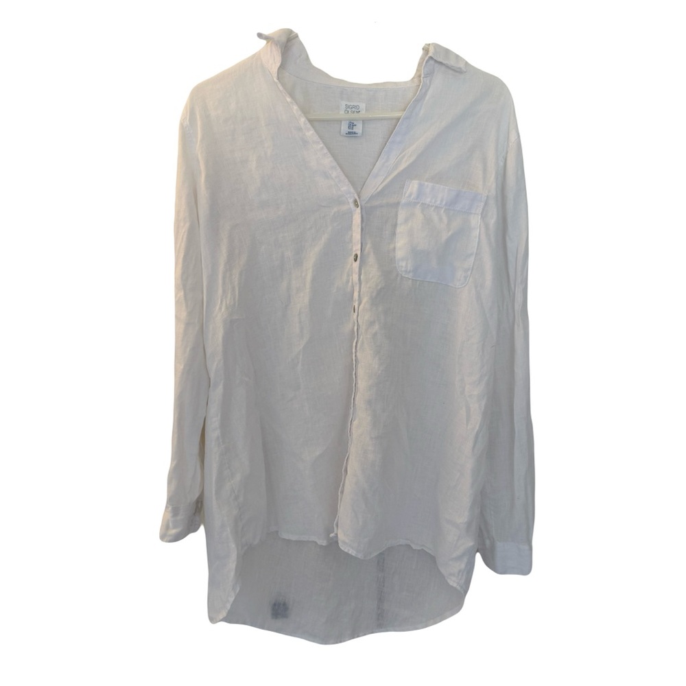 Sigrid Olsen V Neck Linen Button Up, White, Size M‎